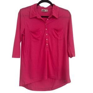 Hollister Women’s Barbie Pink Polo Henley 3/4 Sleeve Half Button Up Shirt Size M